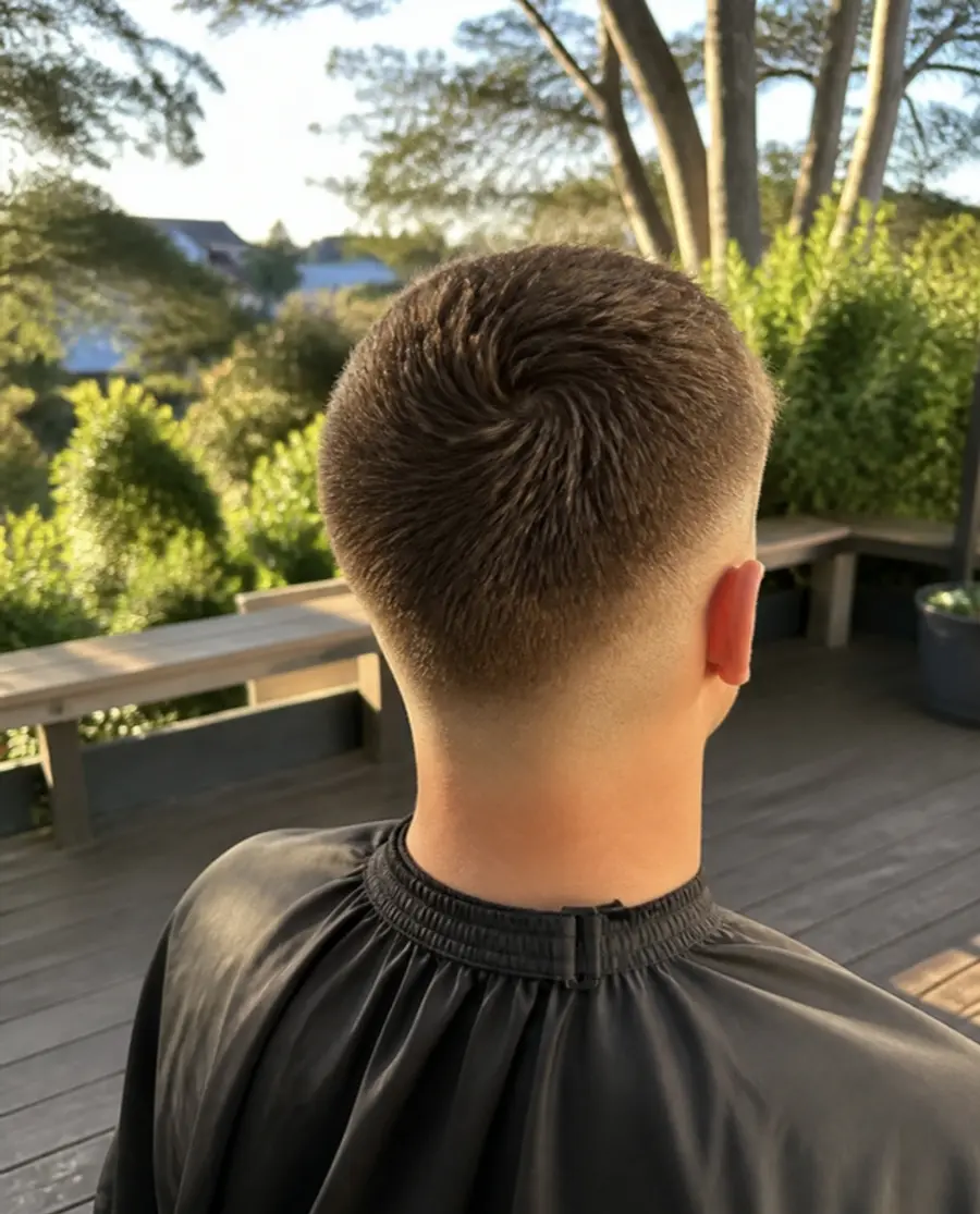 Short fade haircut seen from behind, outdoors on a wooden deck