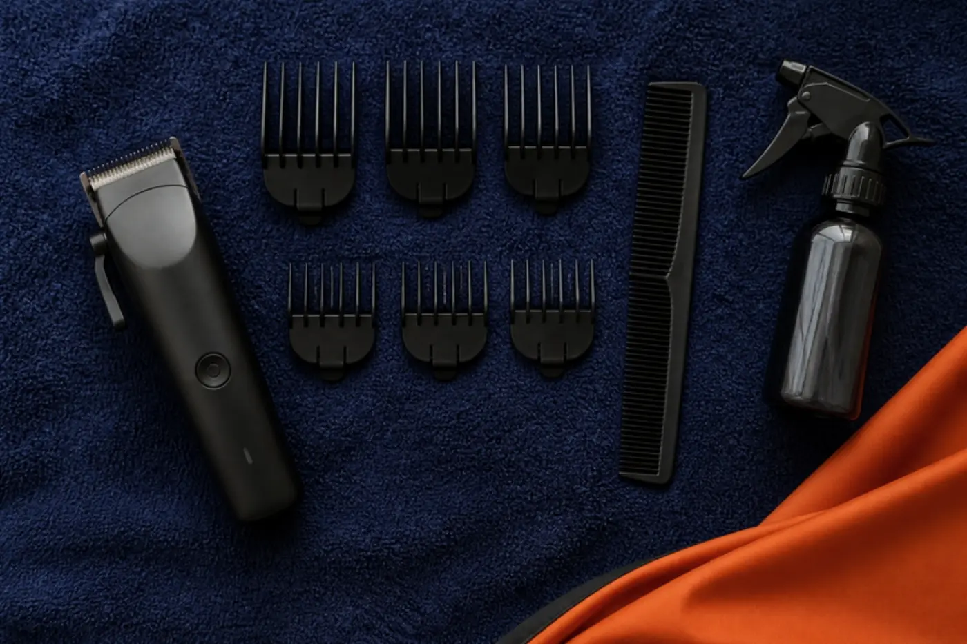 Clippers, guard combs, a comb and a spray bottle laid out on a navy towel